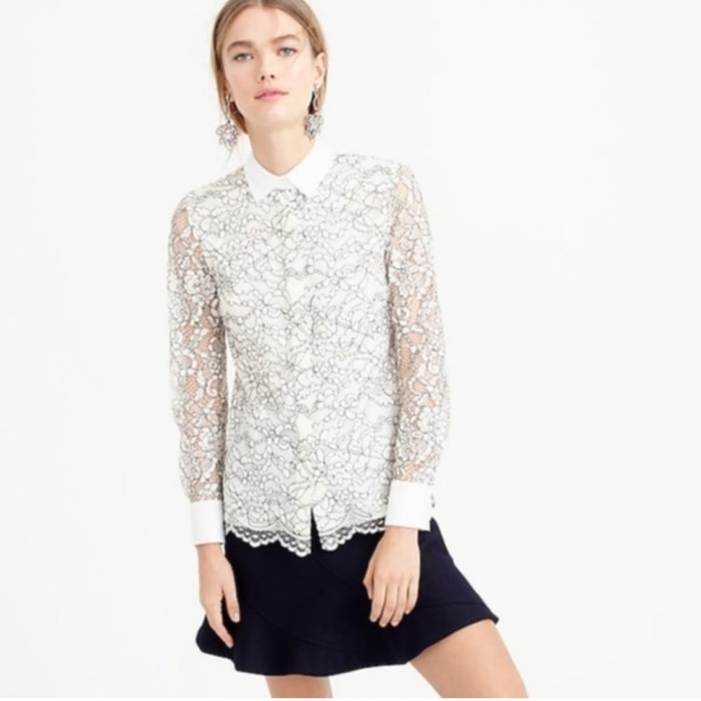 J.Crew edged lace white black button down shirt
